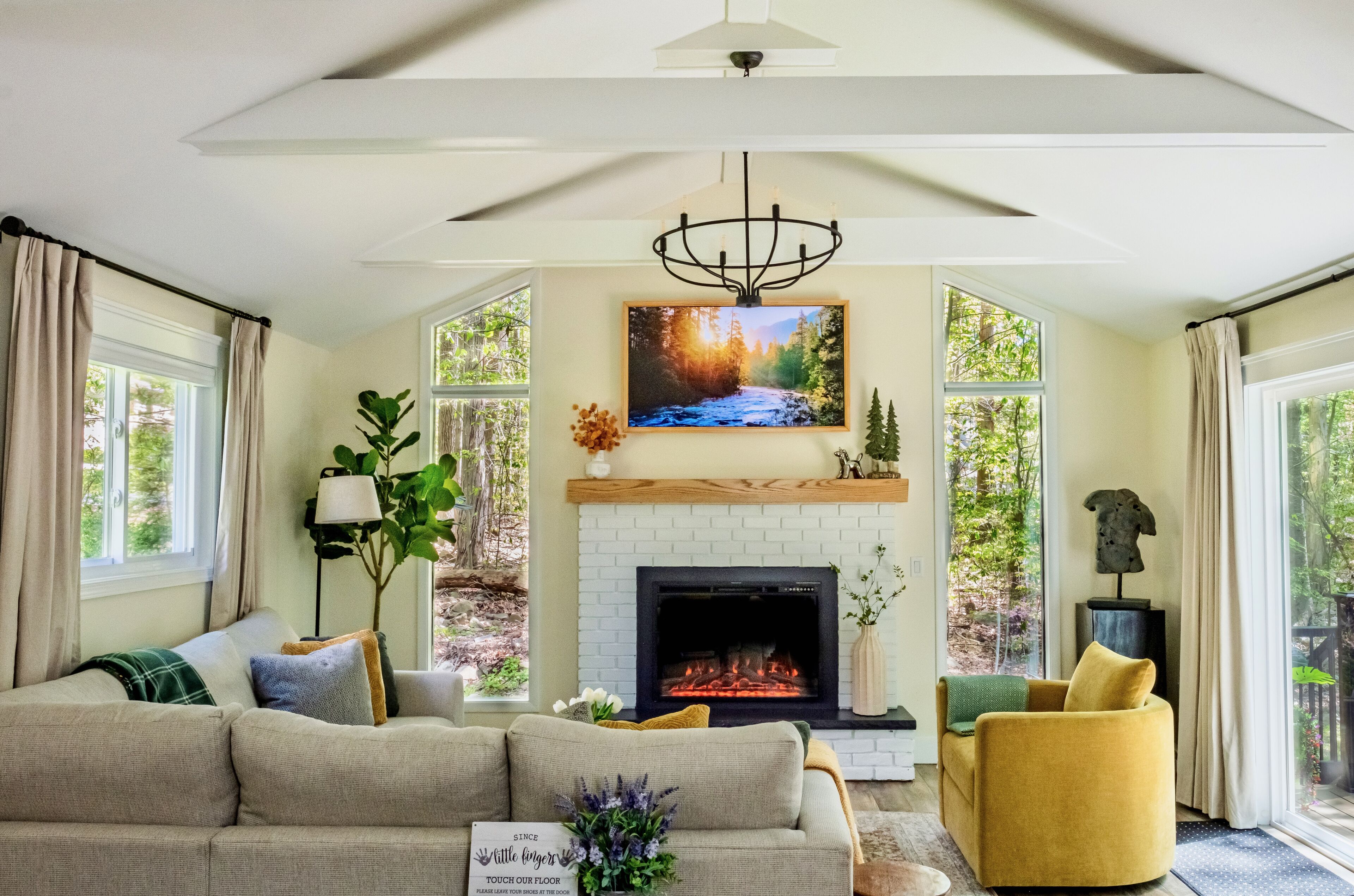 Smart TV, chimenea, libros y estéreo 