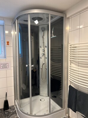 Shower, hair dryer, towels