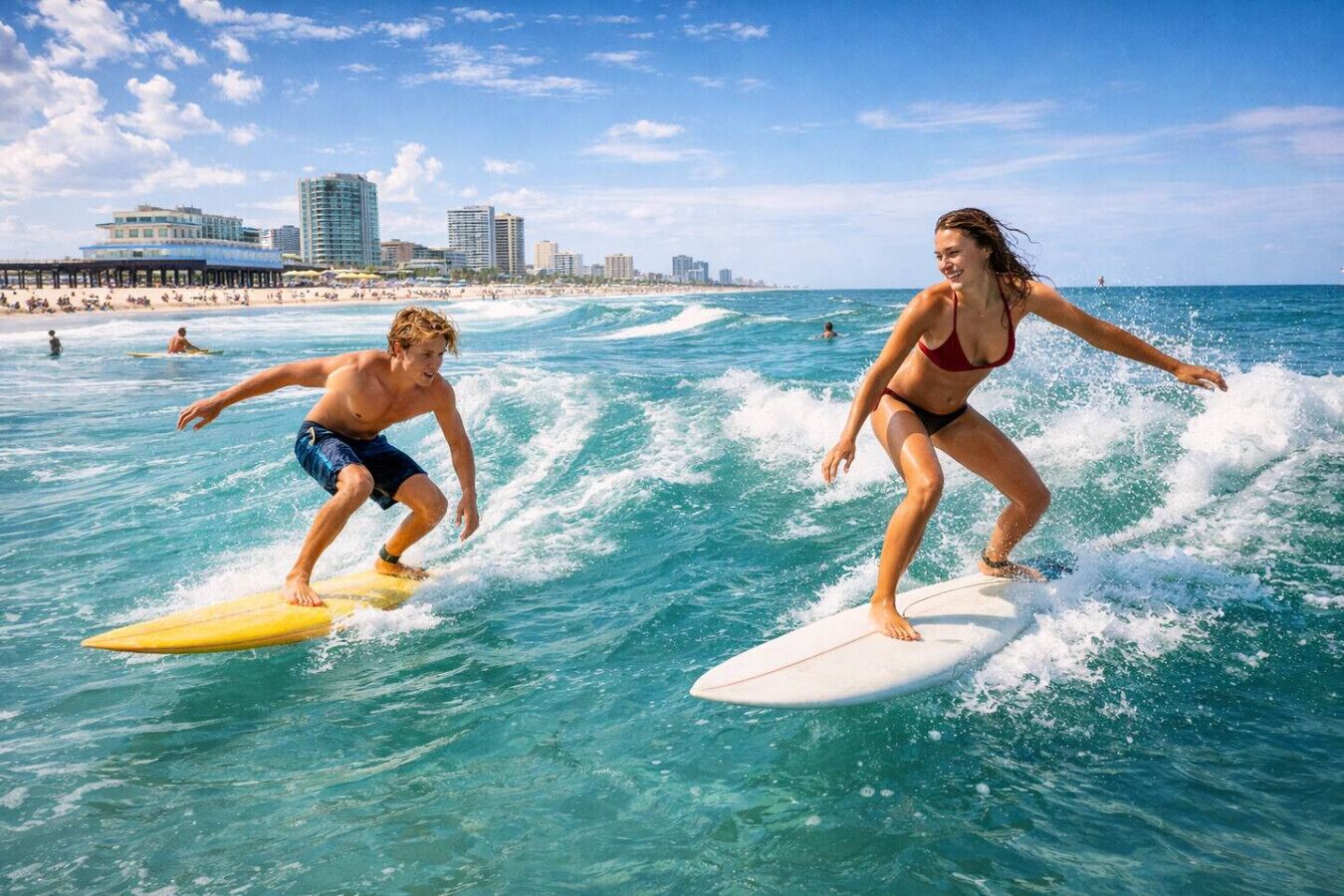 Two people surfing on a beach with a city skyline in the background.