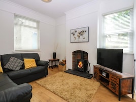 Una sala de estar con chimenea, un sofá, un televisor y una ventana con persianas.