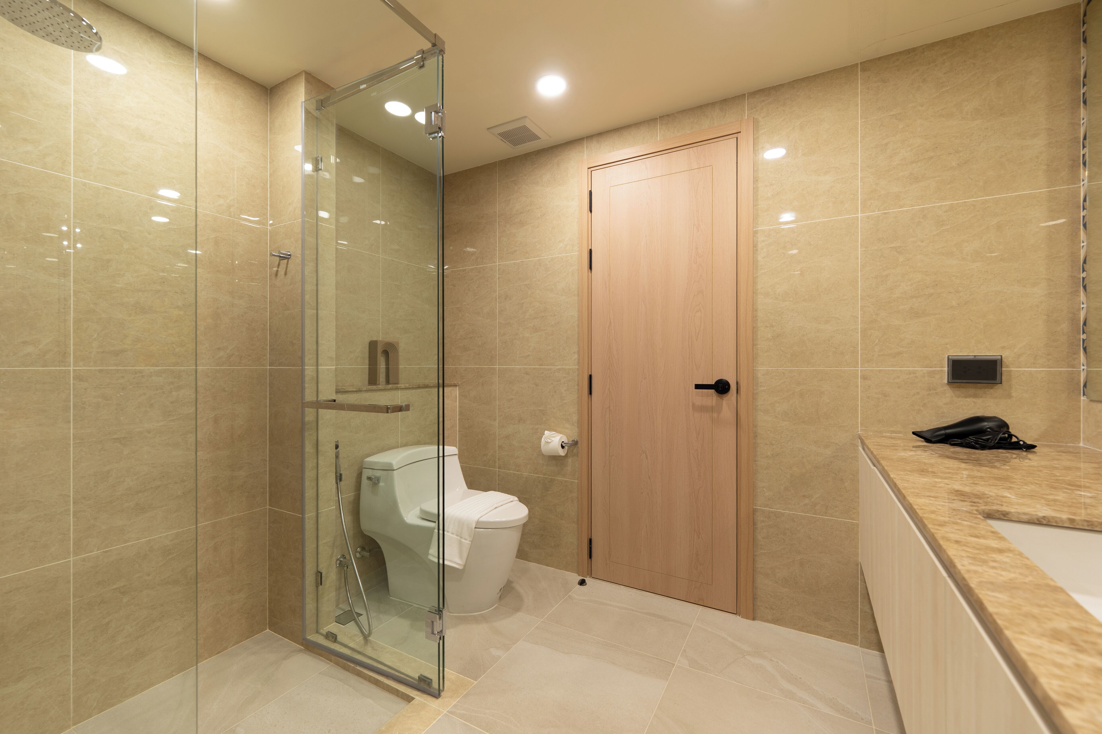 A modern bathroom with a glass-enclosed shower, a toilet, and a wooden door.