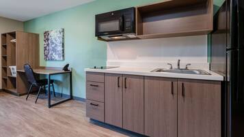 Desk, laptop workspace, blackout curtains, free WiFi