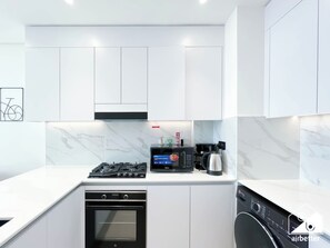 Fridge, microwave, oven, electric kettle