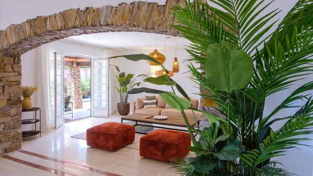 Un vaste espace de vie agrémenté d’une arche en pierre, d’un canapé, de deux poufs rouges et de grandes plantes vertes.