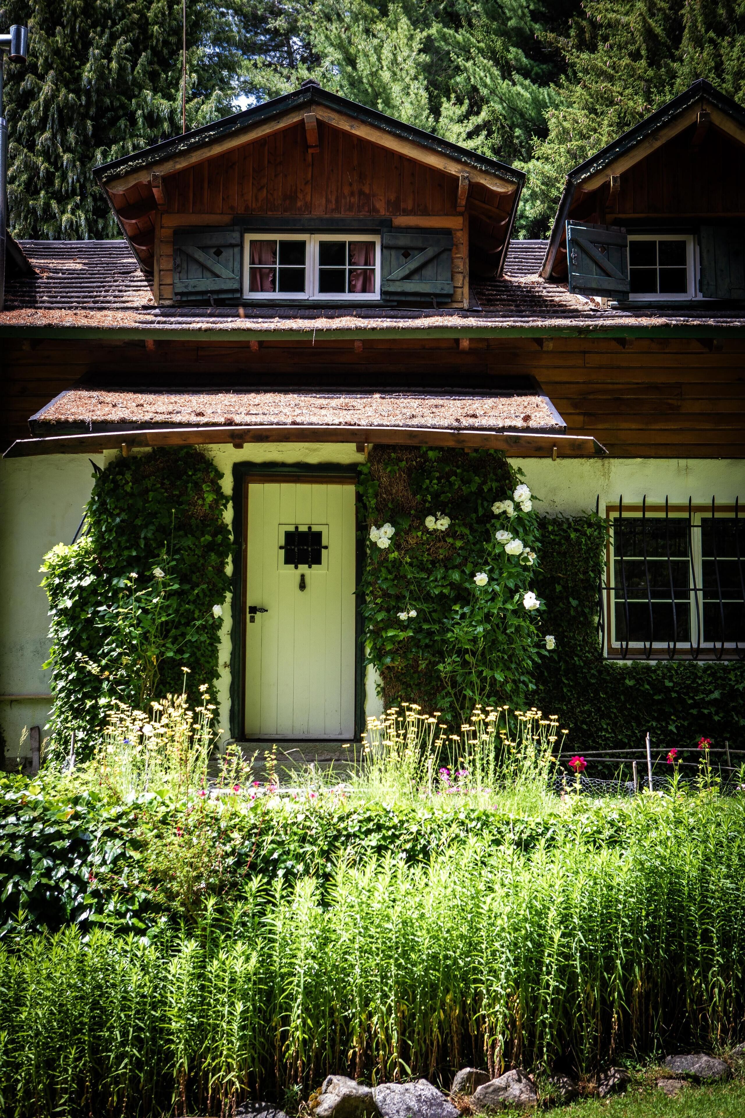 A wooden cabin with a green door, surrounded by lush greenery and a garden.