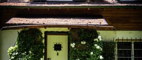 A wooden cabin with a green door, surrounded by lush greenery and a garden.