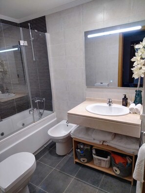 Banyera d'hidromassatge, assecador de cabells, bidet i tovalloles 