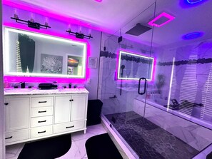 Jetted bath, hair dryer, towels, soap