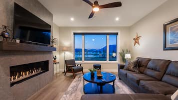 Smart TV, fireplace, books
