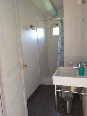 Shower, hair dryer, towels, toilet paper