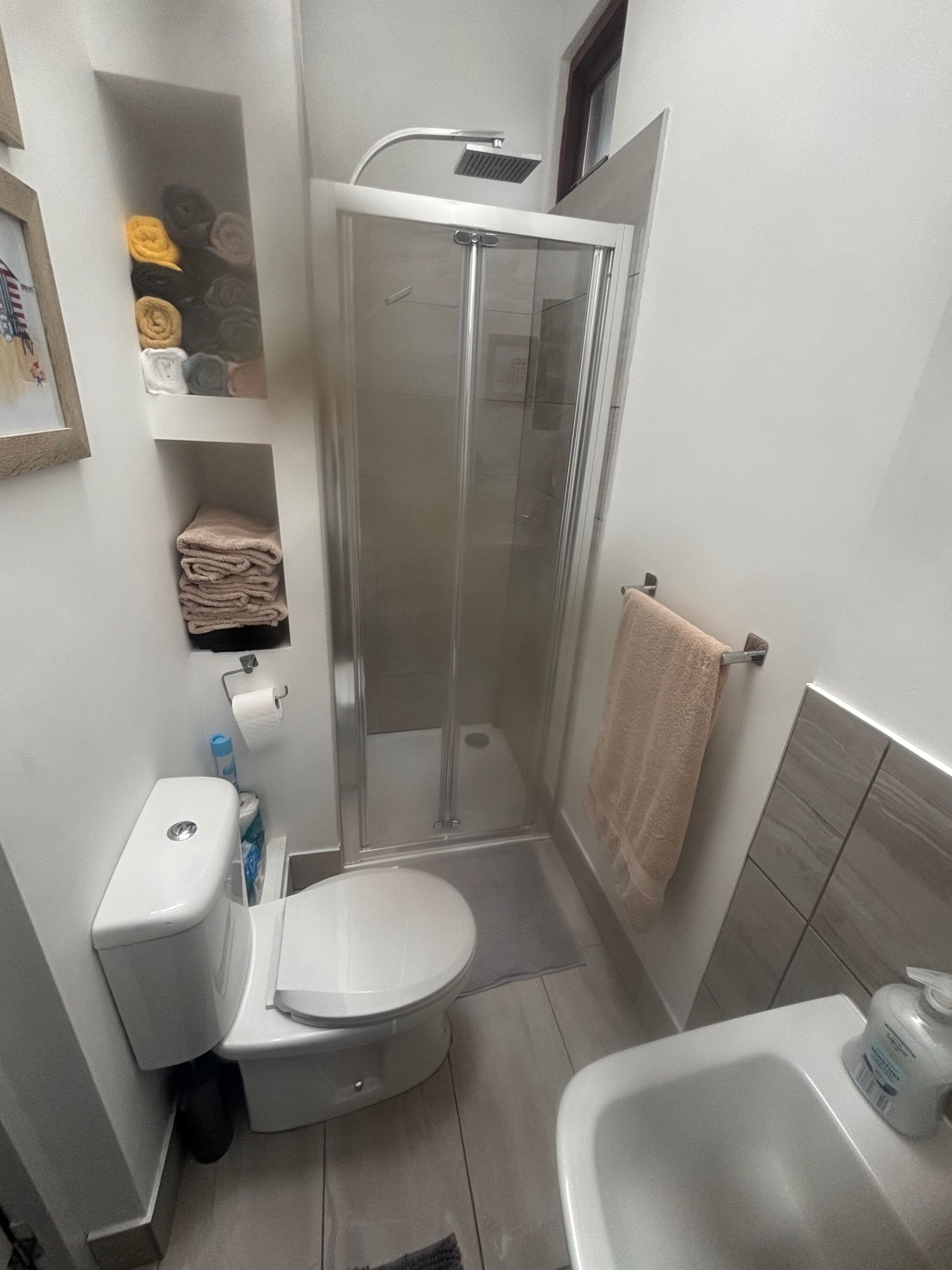 A compact bathroom with a toilet, a glass-enclosed shower, and a sink.