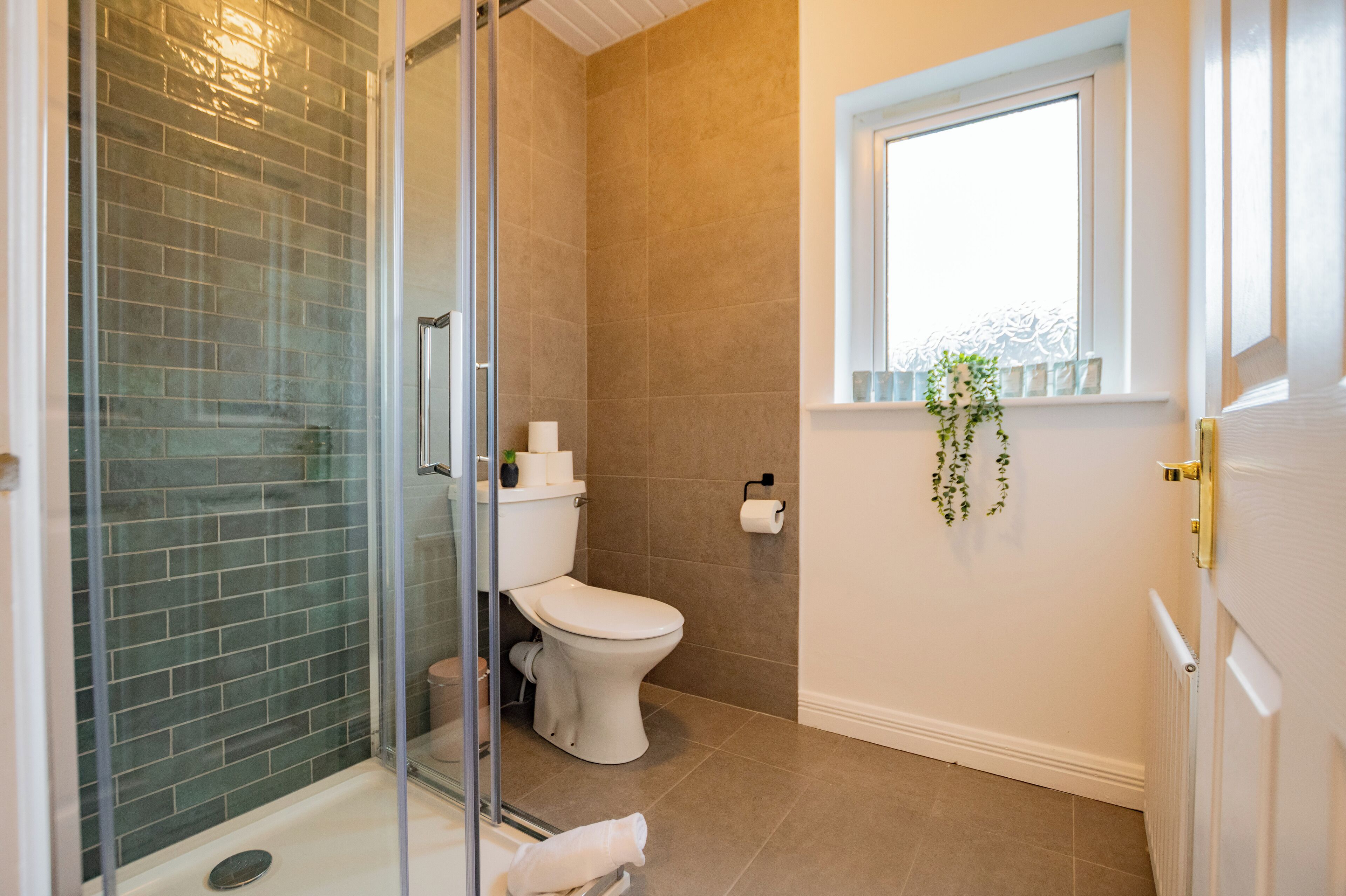 A bathroom with a glass shower enclosure, a toilet, and a window with a plant.