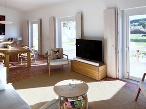 Smart TV, fireplace, stereo