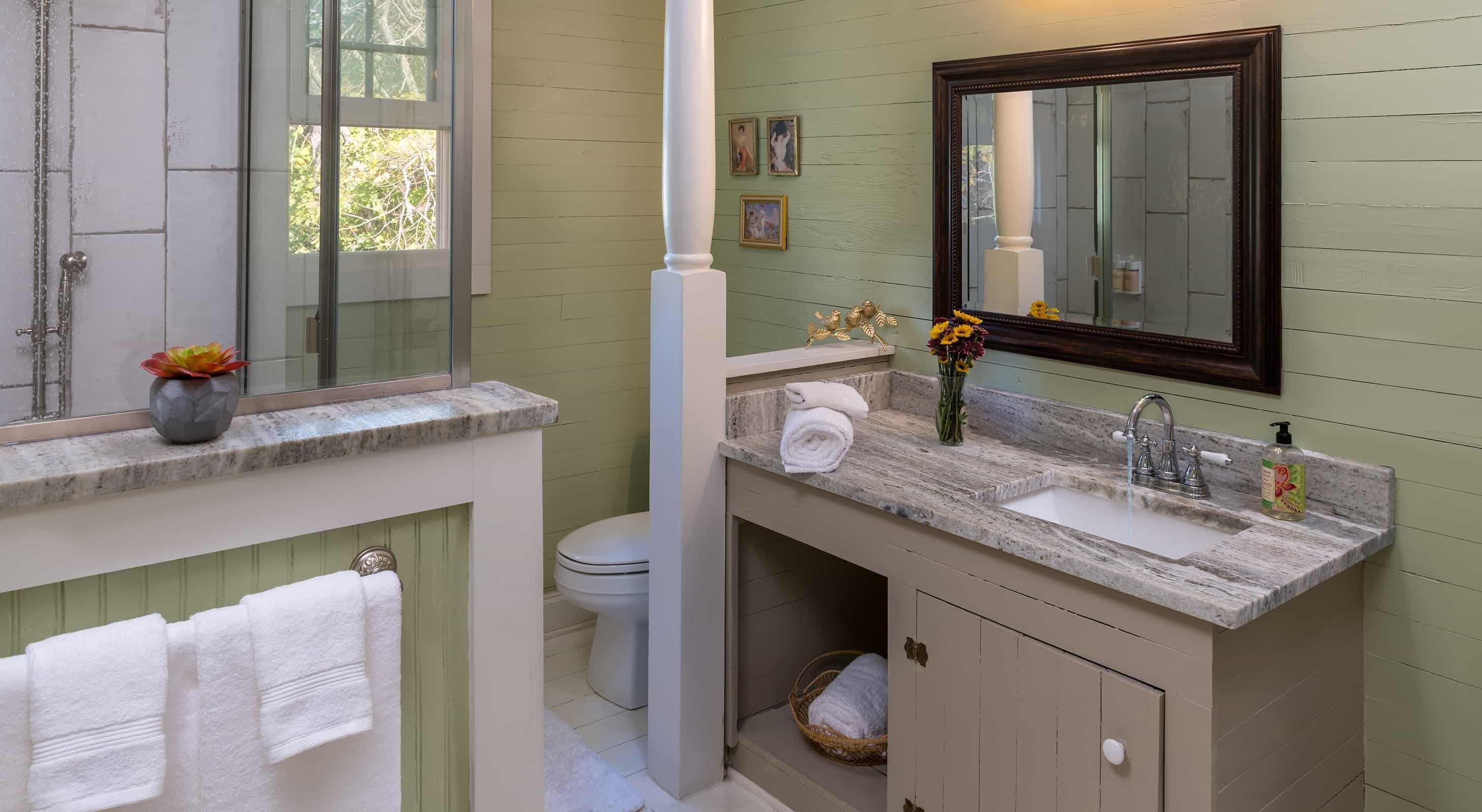 A bathroom with a marble countertop, a sink, a toilet, and a mirror.