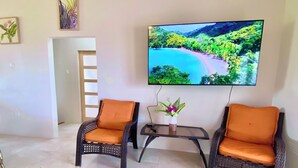 Een woonkamer met twee rieten stoelen, een houten tafel, een flatscreen televisie en een bijzettafeltje met een vaas.