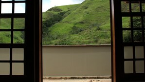 A view through a wooden-framed window of a green hillside. - Fazenda Capuava (Bananal)
