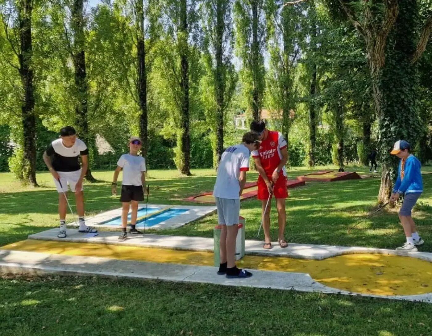 Un grupo de personas jugando croquet en un parque con árboles al fondo.