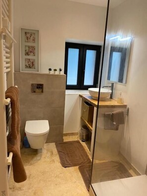 A modern bathroom with a toilet, sink, and a glass shower enclosure. - bastide de la madeleine (Pougnadoresse)