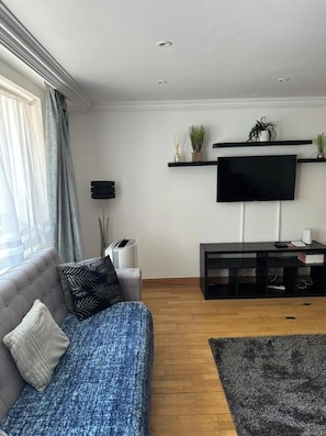 A modern living room with a sofa, a flat-screen TV, a black entertainment unit, and a small plant on the wall.