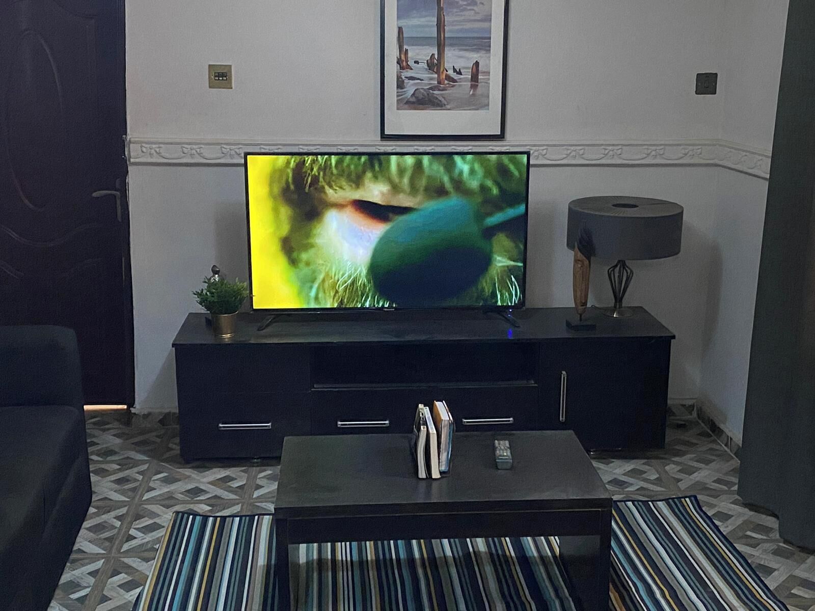 Una sala de estar con un televisor de pantalla plana sobre un mueble negro, un tapete estampado y un cuadro en la pared.