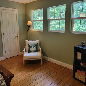 Smart TV, fireplace, DVD player, books