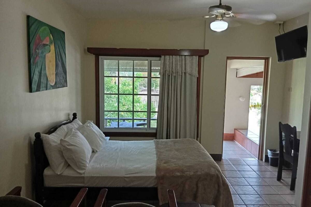 Habitación estándar doble, patio, vistas al jardín | Espacio para trabajar con un portátil y tabla de planchar con plancha