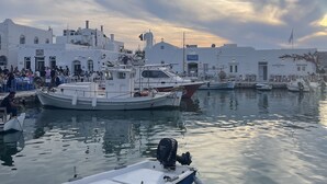 A marina with boats docked, a white building with a cross on top, and a crowd of people.