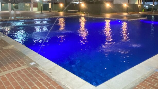 Una piscina con tonalidades azules, rodeada por un sendero de ladrillo y palmeras.
