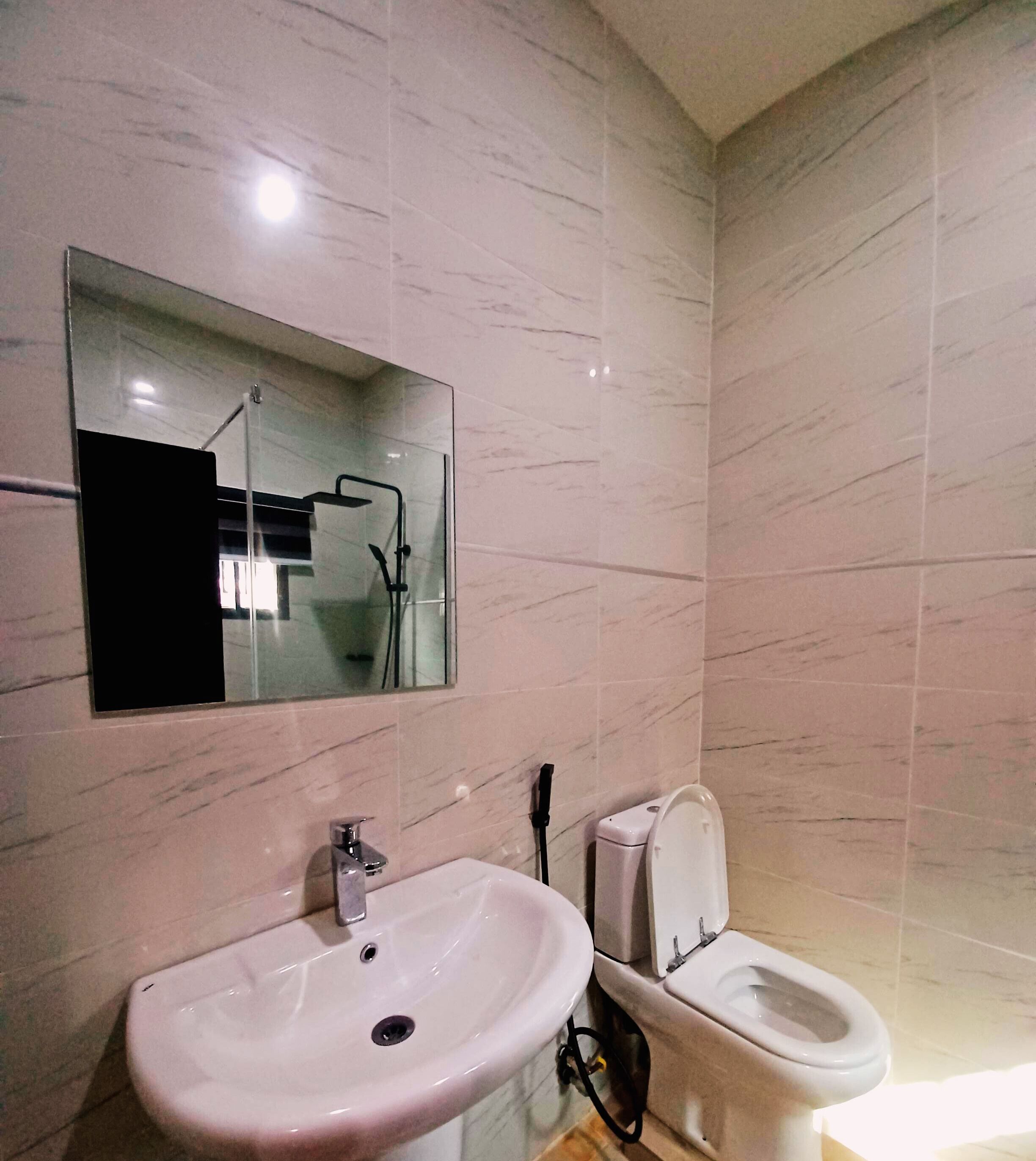A bathroom with a sink, toilet, and a mirror.