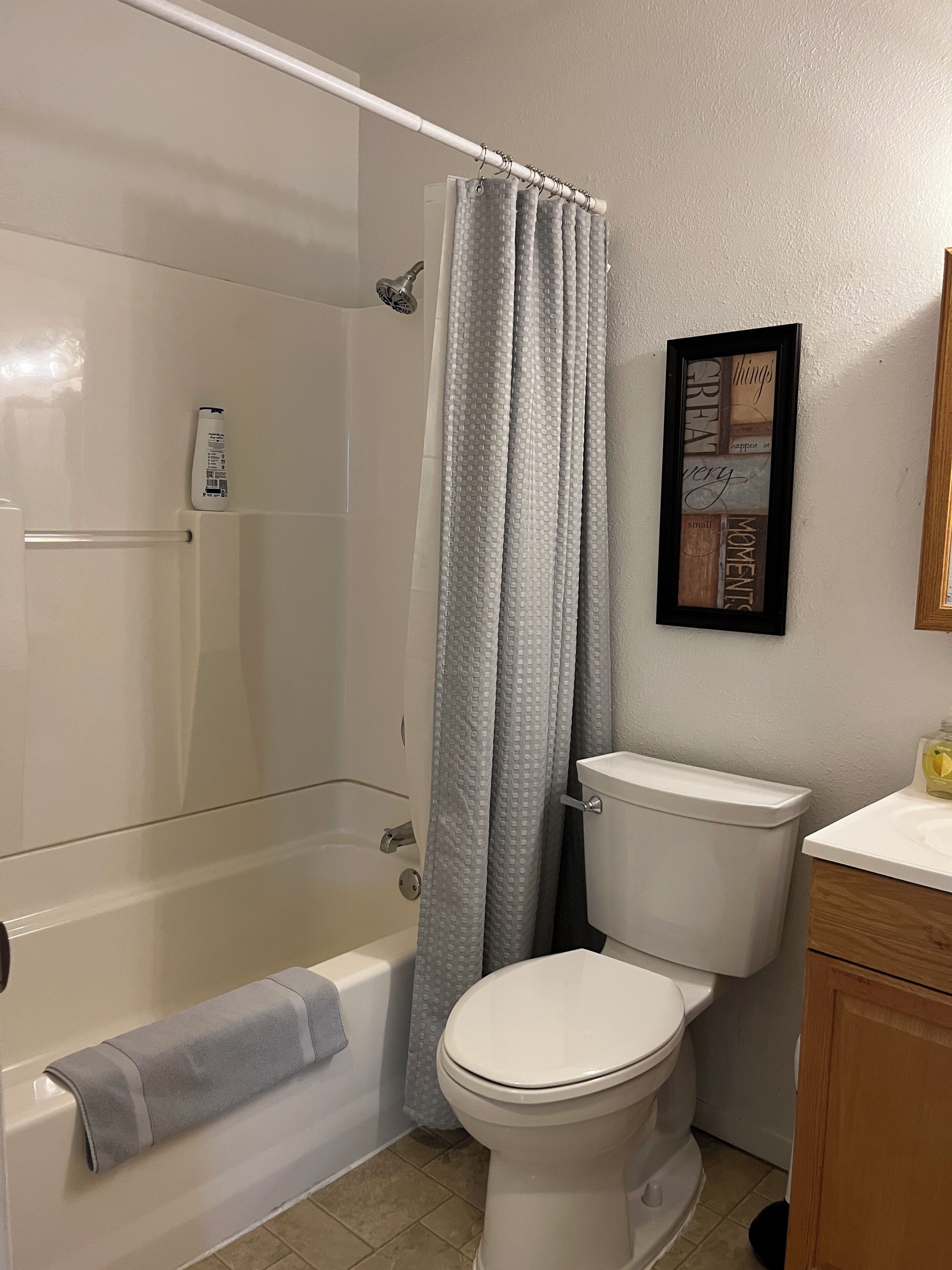A bathroom with a bathtub, toilet, and shower curtain.