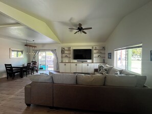 Smart TV, DVD player, table football, books