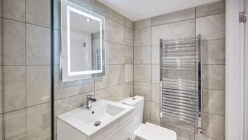 Shower, hair dryer, towels, toilet paper