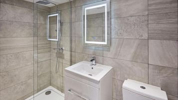 Shower, hair dryer, towels, toilet paper