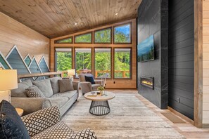 TV connectée, cheminée, livres