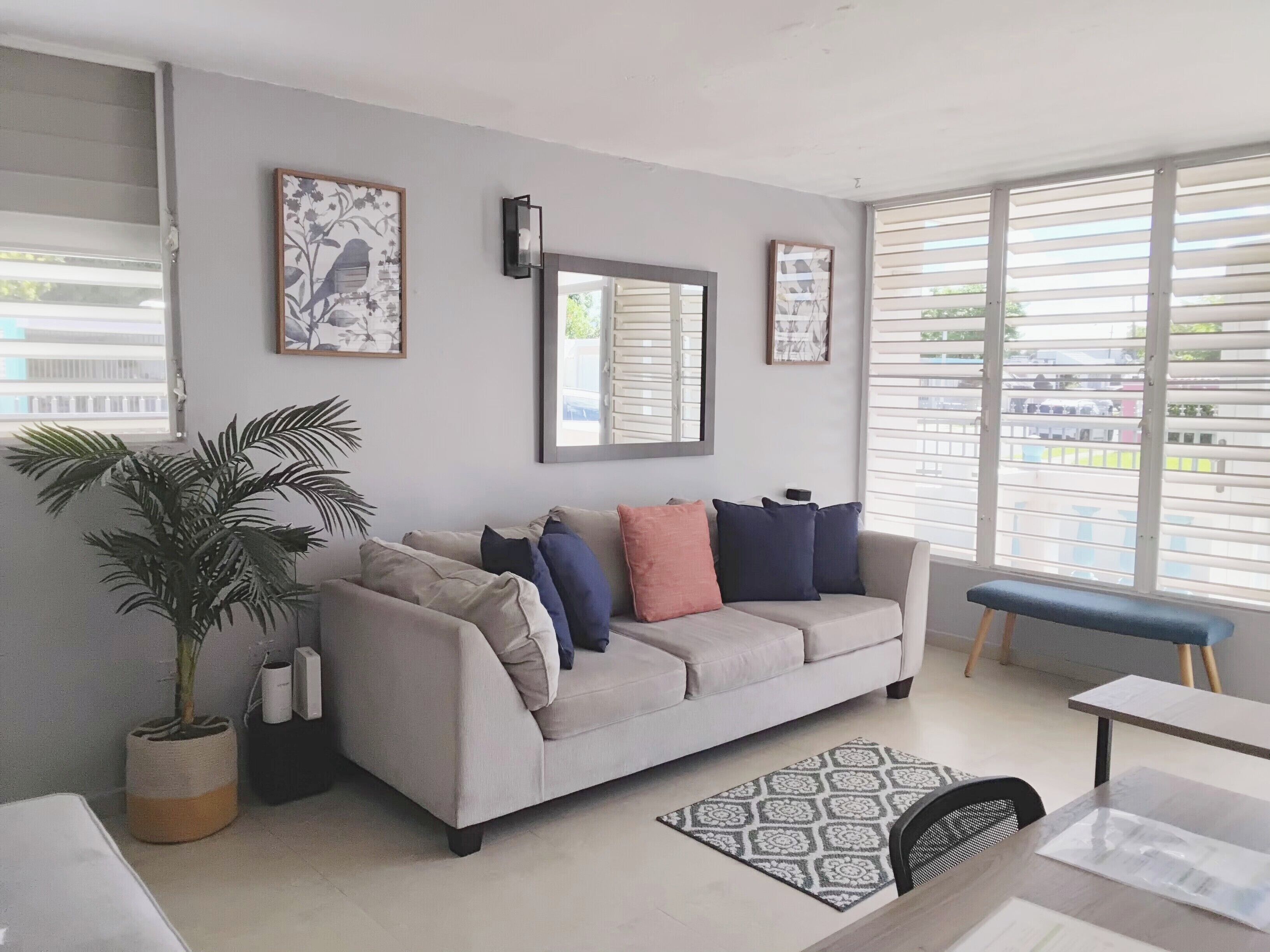 A living room with a sofa, a coffee table, a bench, and a potted plant.
