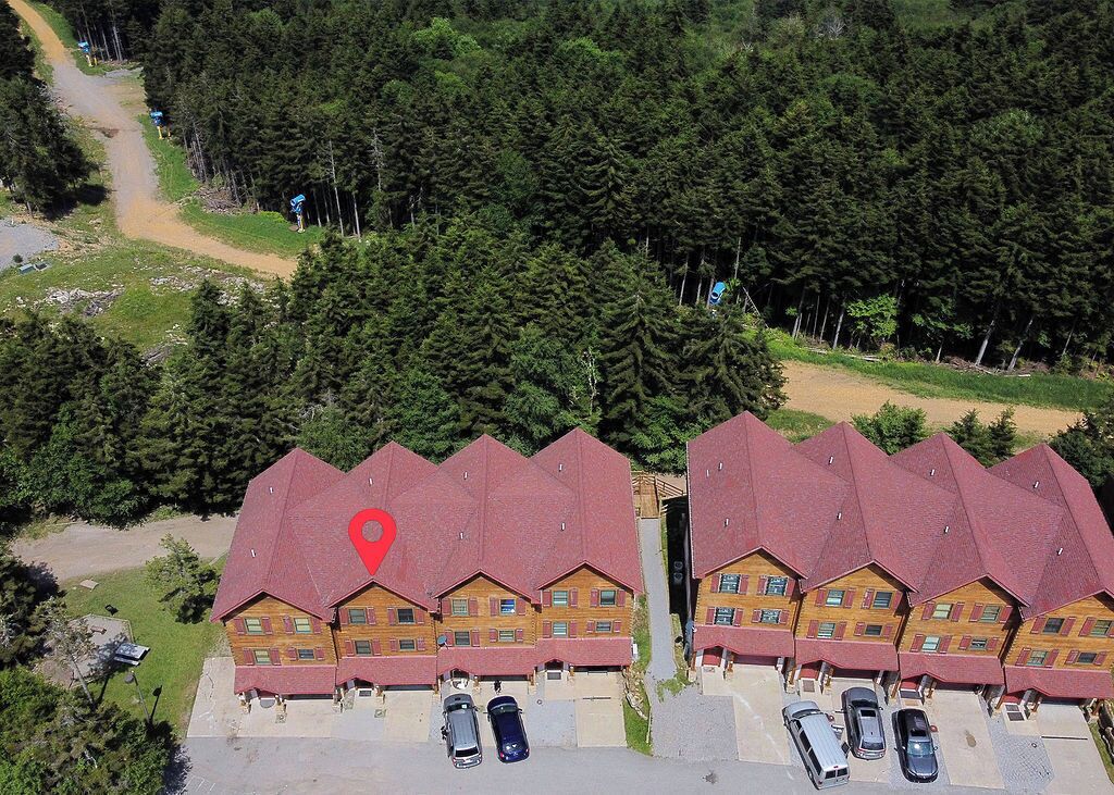 A lodge with multiple red-roofed cabins, a parking area, and a forested backdrop.