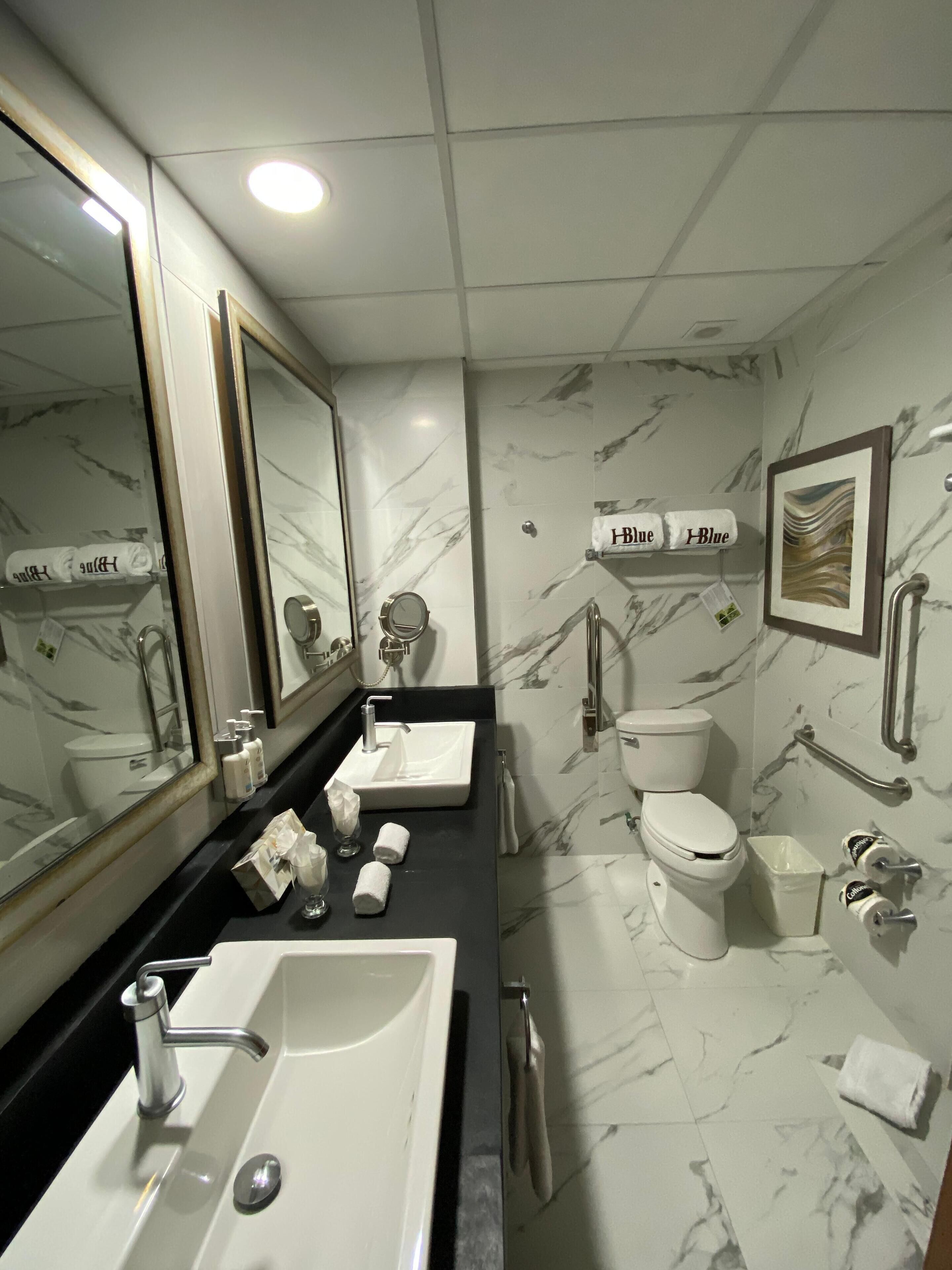 A modern bathroom with a large mirror, two sinks, a toilet, and a shower area.