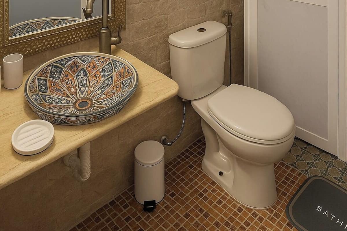 Un baño con piso de baldosas, un lavamanos con un recipiente decorativo, un inodoro, una ducha y un perchero para toallas.