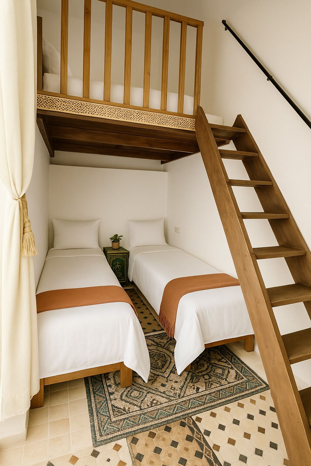A bedroom with two beds, a wooden ladder, and a patterned rug.