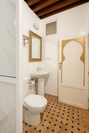 A bathroom with a toilet, sink, and a mirror with a gold frame. - Dar Mohamadia  (Fes)