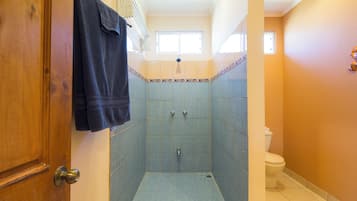 Hair dryer, towels, soap, toilet paper