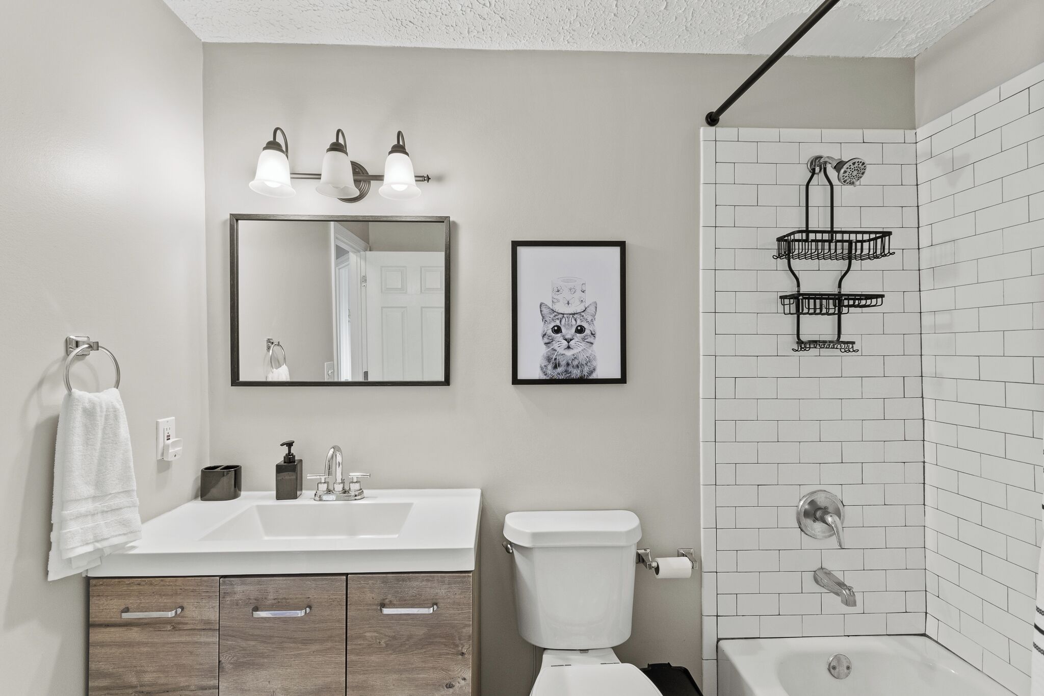 Hair dryer, towels, soap, shampoo