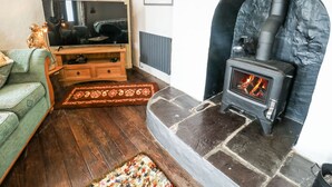 A cozy living room with a stone fireplace, a television on a wooden stand, and a green sofa.