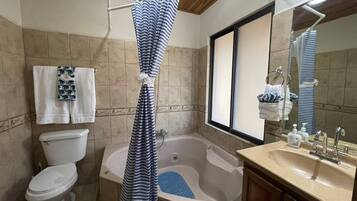 Shower, towels, soap, toilet paper