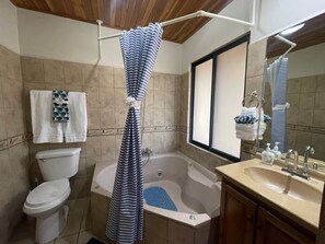 Shower, towels, soap, toilet paper