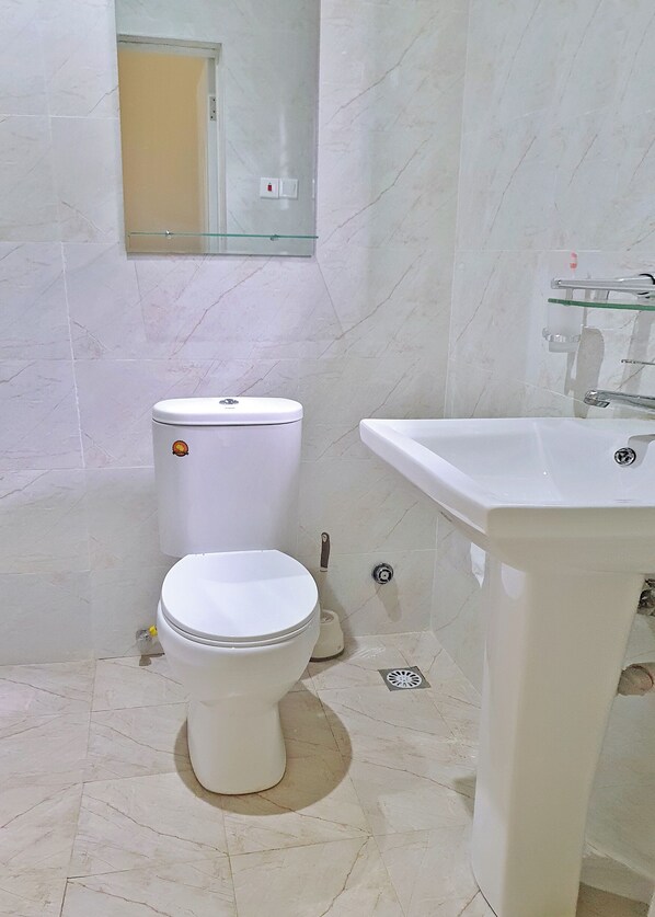 A bathroom with a toilet, sink, and mirror. - Bluefin Hotel (Somanya)