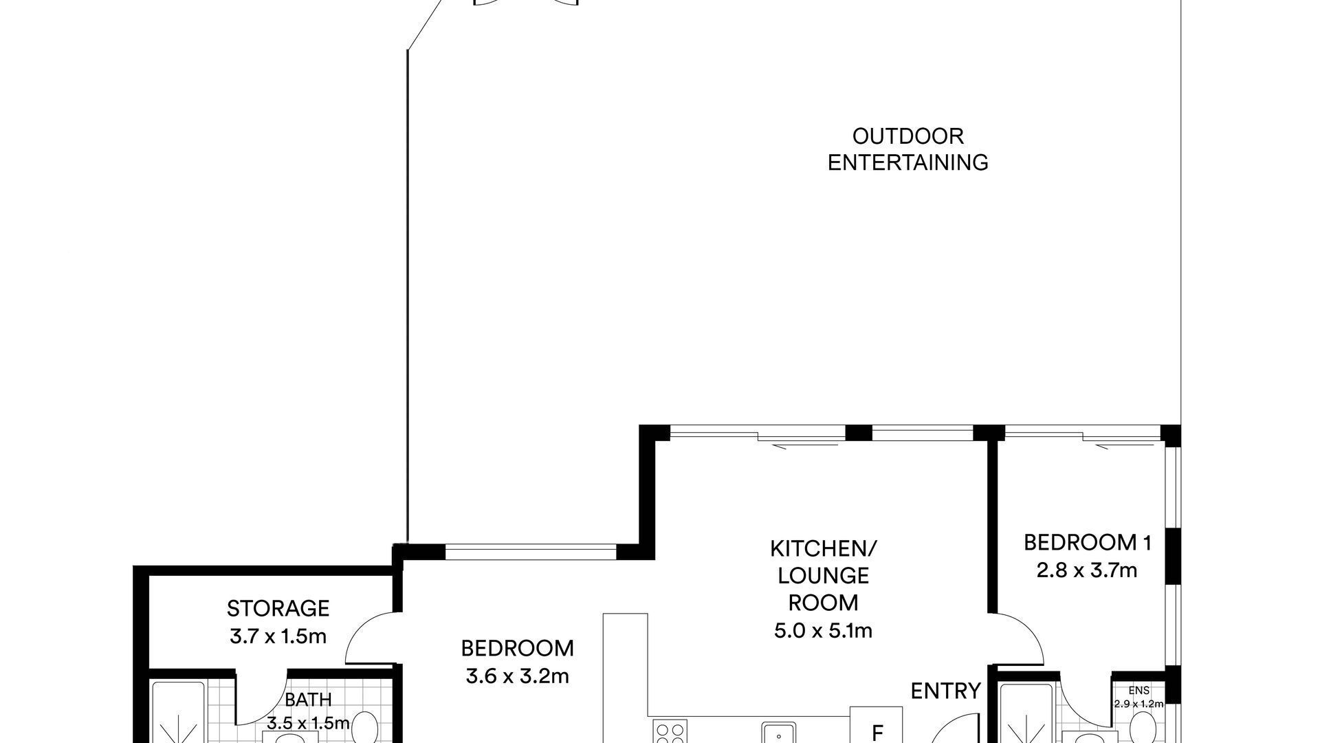 A floor plan with a bedroom (3.6 x 3.2m), a bathroom (3.5 x 1.5m), a kitchen/lounge room (5.0 x 5.1m), a storage area (3.7 x 1.5m), and an entry point.