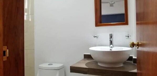 A bathroom with a white sink, a mirror, and a toilet.