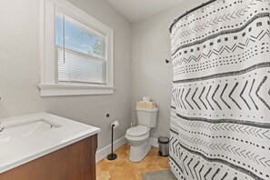 Hair dryer, towels, soap, shampoo