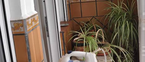 A narrow room with a tiled floor, a small table with a telephone and a charger, and several potted plants.